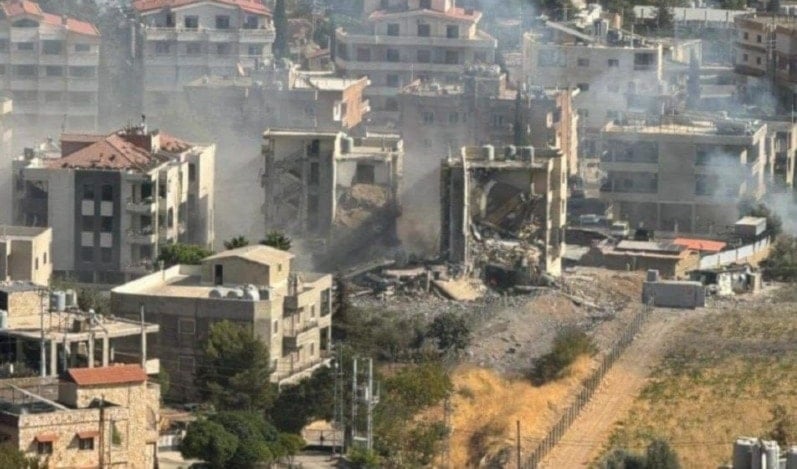 israeli occupation forces struck residential buildings shown in image in al-Karak region int he Zahle district in Lebanon, on October 10, 2024. (Social media)