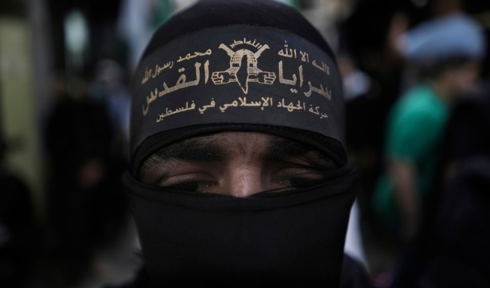 A Palestinian member of Al-Quds Brigades during a protest in solidarity with the Palestinian people in Gaza, at the Palestinian refugee camp of Chatila in Beirut, Lebanon, Saturday, May 11, 2024. (AP)
