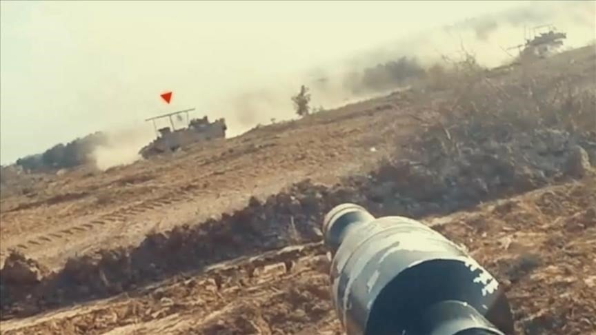 Palestinian Resistance factions destroy an Israeli APC in Beit Lahia, northern Gaza Strip, occupied Palestine, in an undated screengrab (Resistance Military Media)