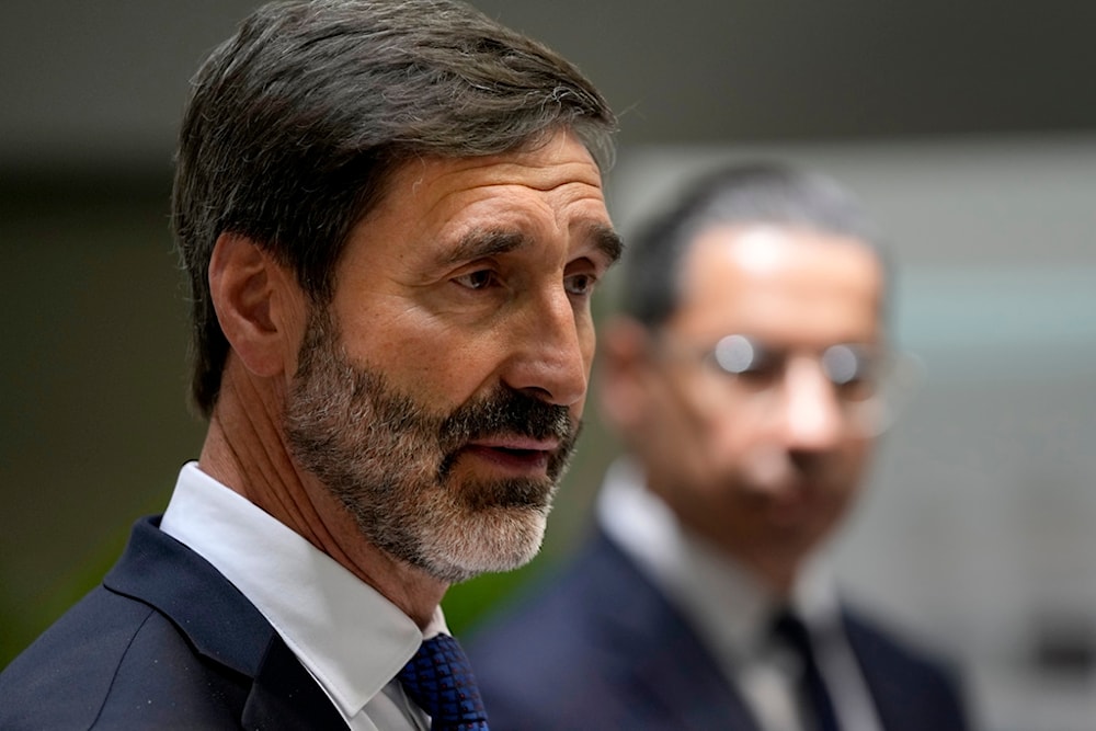 Slovakia's foreign minister Juraj Blanar talks to the media during a press conference after a meeting at the foreign house in capital Nicosia, Cyprus, on Thursday May 9, 2024 (AP)