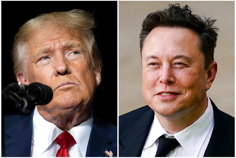 This combination of photos shows former President Donald Trump during rally at the Minden Tahoe Airport in Minden, Nev., Oct. 8, 2022, left, and Elon Musk in Wilmington, Del., July 12, 2021.