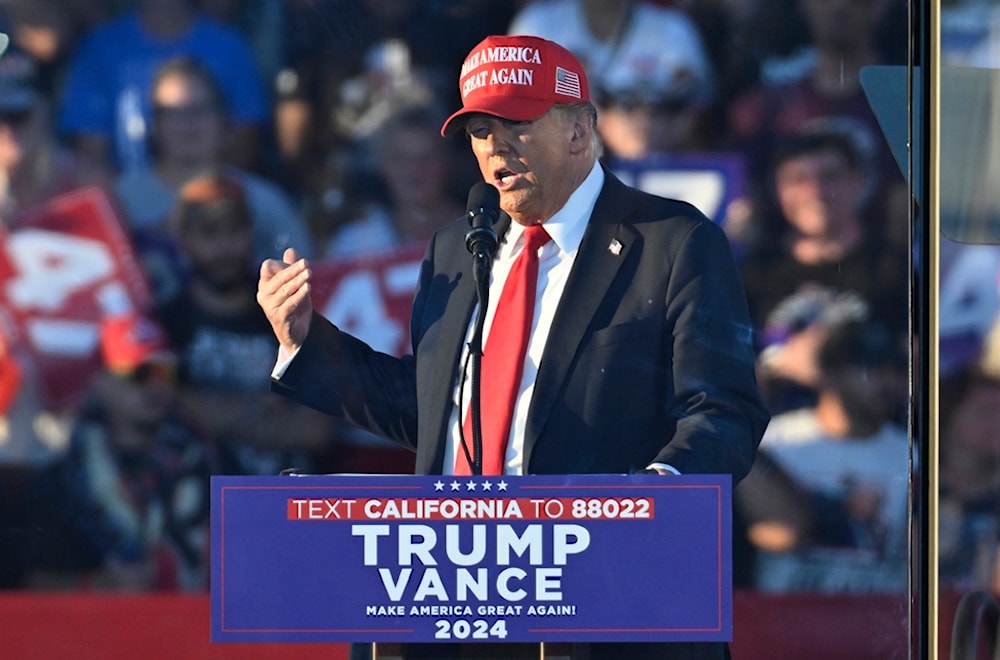 Republican presidential candidate Donald Trump delivered a speech during a campaign event at Calhoun Ranch on Saturday, October 12, 2024, in Coachella, California (AP)