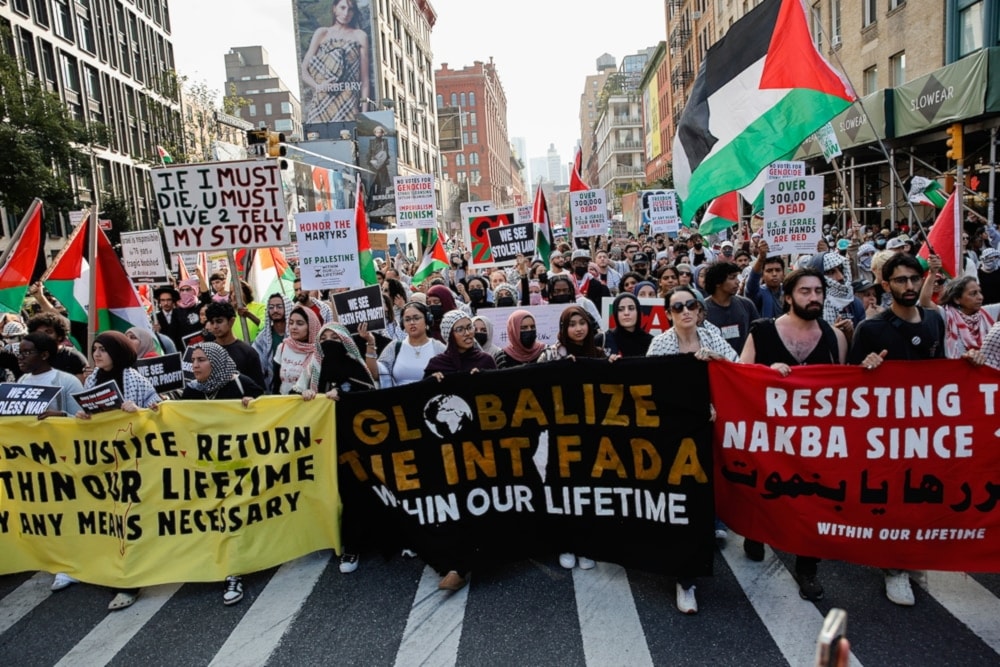 pro-Palestinian protesters march through Manhattan, Monday, October 7, 2024, in New York. (AP)