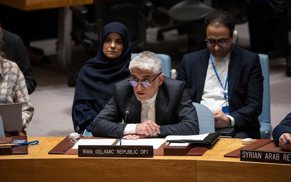  Iran's UN ambassador, Amir Saeid Iravani, addresses the United Nations Security Council chamber during an emergency meeting at UN headquarters, April 14, 2024. (AP)