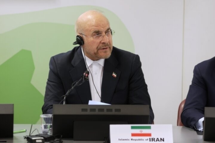 Iranian Parliament Speaker Mohammad Bagher Ghalibaf speaking at the 149th session of the Inter-Parliamentary Union (IPU) in Geneva, October 14, 2024 (Mehr)