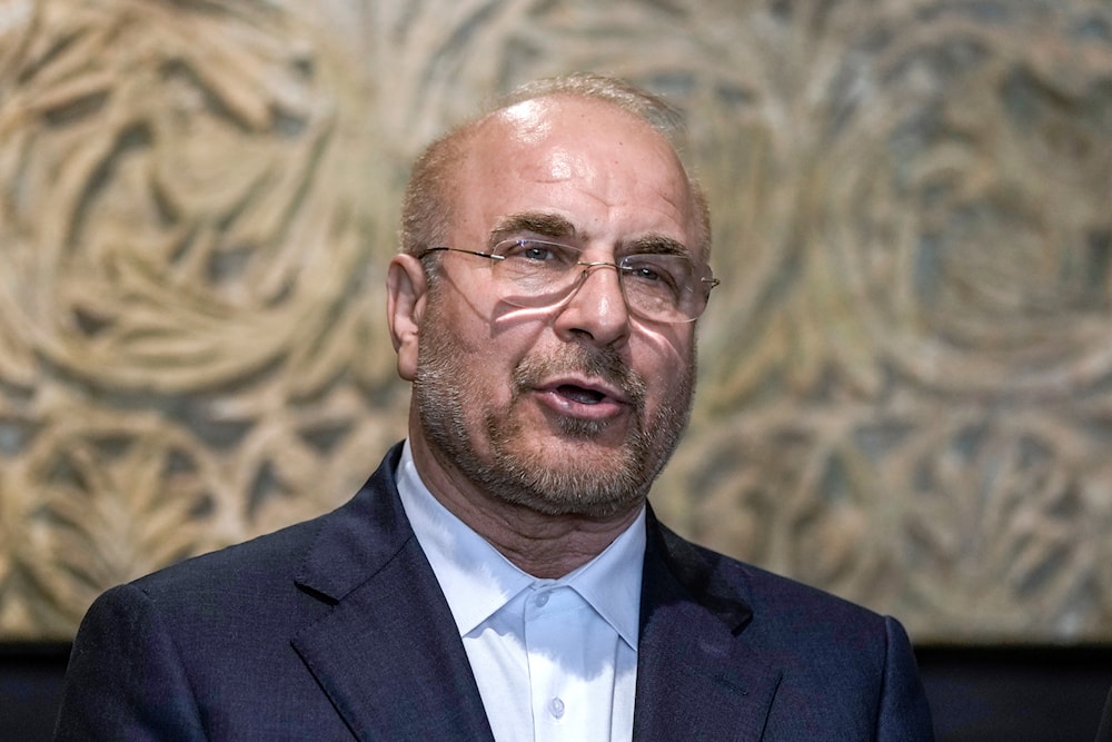 Iran's parliament speaker Mohammad Bagher Qalibaf, speaks during a press conference in Beirut, Lebanon, on October 12, 2024. (AP)