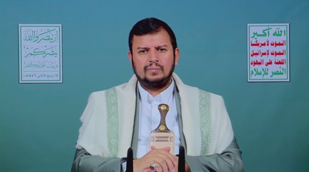 Leader of Yemen’s Ansarullah resistance movement Abdul-Malik al-Houthi delivers a televised speech broadcast live from the Yemeni capital, Sana’a, on October 17, 2024. (Screengrab)