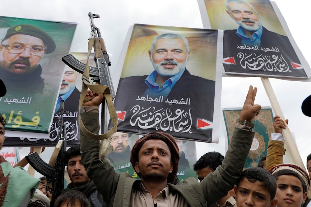 Yemenis protest to condemn the assassination of martyred Hamas leader Ismail Haniyeh, in Sanaa, Yemen, Friday, August 2, 2024 (AP)