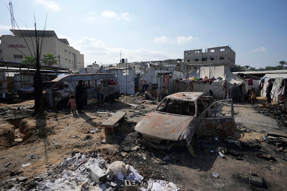 The site of a deadly fire, after an Israeli strike hit a tent area in the courtyard of Al Aqsa Martyrs hospital in Deir al-Balah, Gaza Strip, Wednesday, Oct. 16, 2024. (AP)