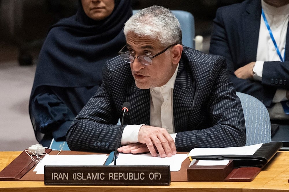 Iran's U.N. Ambassador, Amir Saeid Iravani, addresses the United Nations Security Council chamber during an emergency meeting at UN headquarters, on April 14, 2024. (AP)