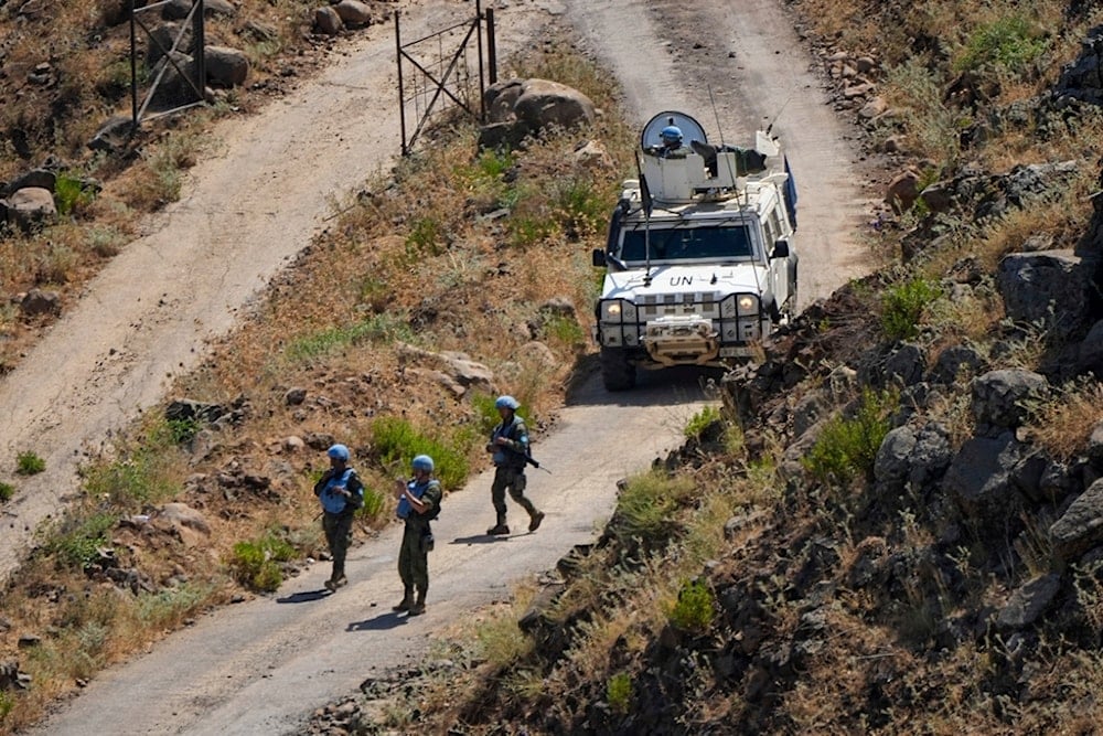 UN peacekeepers (UNIFIL) seen along the Lebanese side of the border with occupied Palestine, seen from Israel, Thursday, July 6, 2023. (AP)