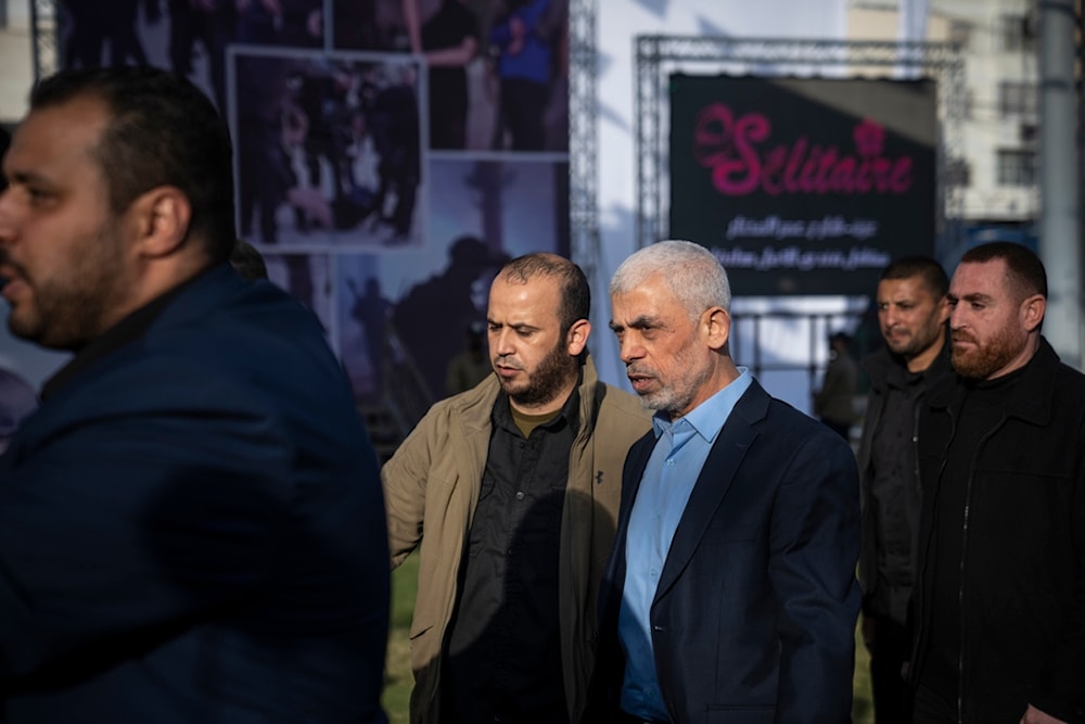 Yahya Sinwar, Hamas political bureau leader, delivers a speech during a rally marking al-Quds Day, an annual celebration to support Palestinians in the holy city, at a soccer field in Gaza City, Friday, April 14, 2023 (AP)