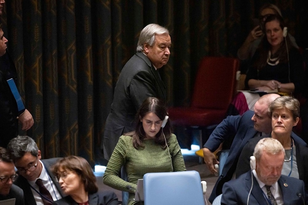 UN Secretary-General Antonio Guterres leaves a Security Council meeting at United Nations headquarters, on Friday, September. 27, 2024. (AP)