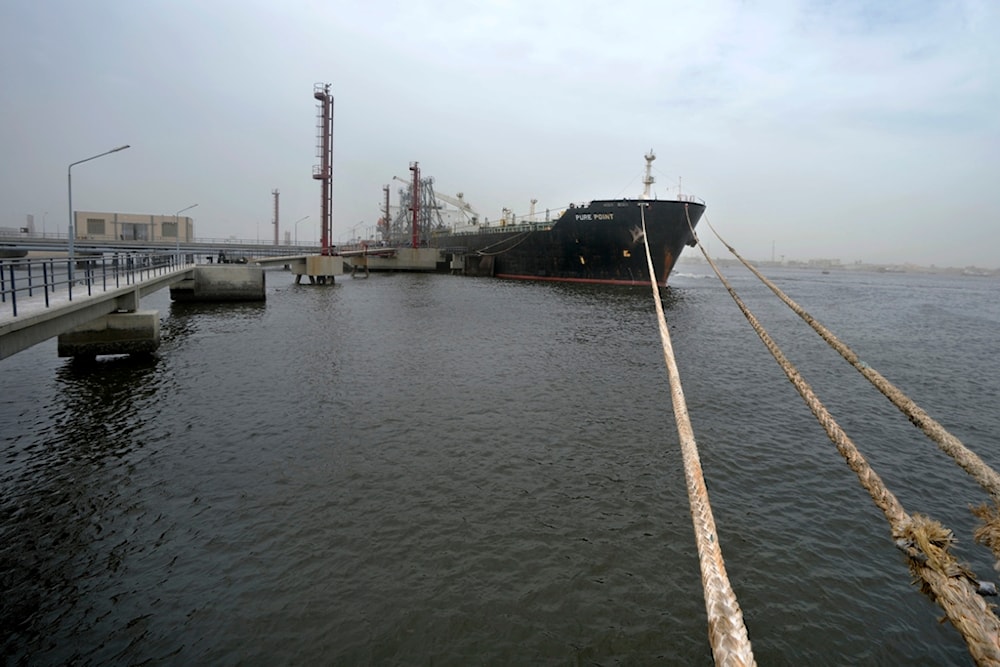 A Russian oil cargo carrying discounted crude, is anchored at a port in Karachi, Pakistan, Tuesday, June 13, 2023. (AP)