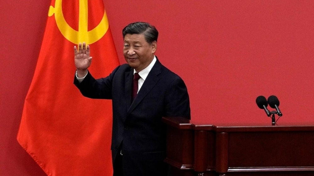  Chinese President Xi Jinping gestures at a 2022 event to introduce new members of the Politburo standing Committee at the Great Hall of the people in Beijing. (AP)