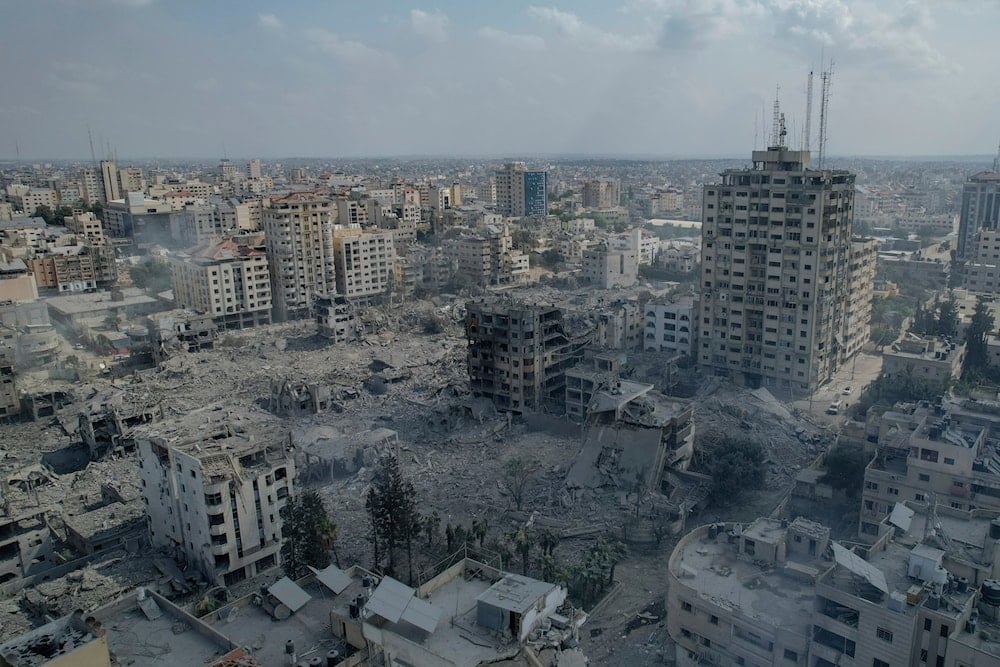 A view of the rubble of buildings hit by an Israeli airstrike, in Gaza City, on October 10, 2023. (AP)