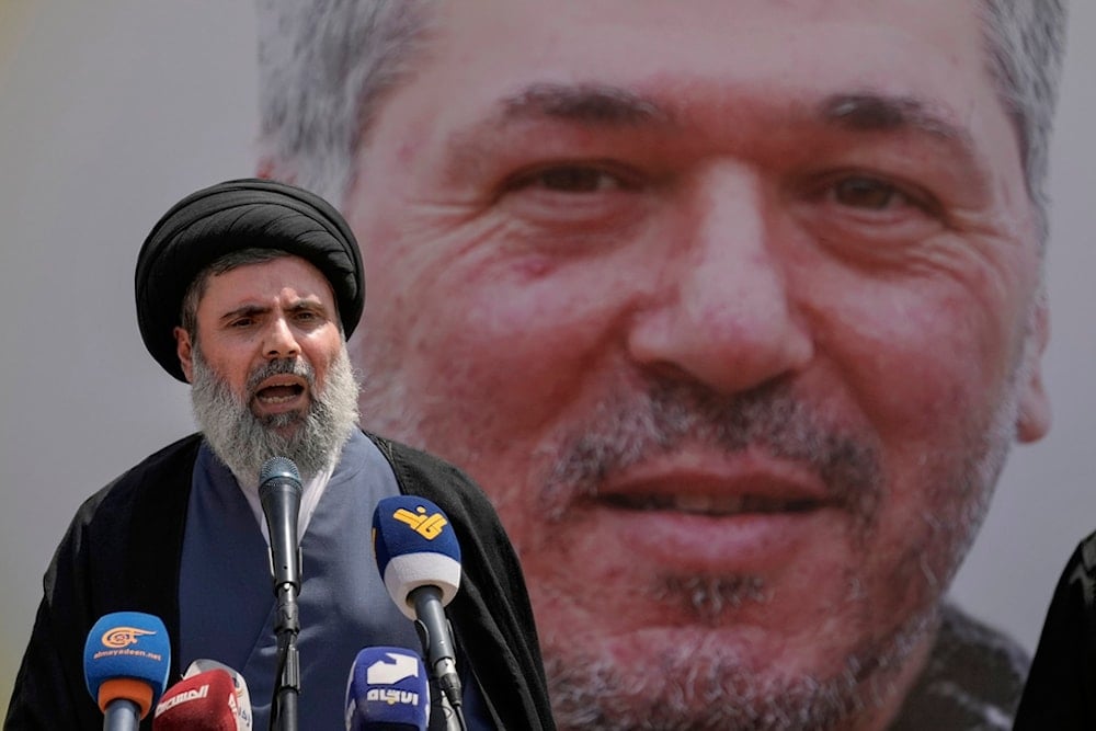 Senior Hezbollah leader Hashem Safieddine speaks during the funeral procession of martyred Hezbollah senior commander Hajj Abu Taleb, in the southern suburbs of Beirut, Lebanon, June 12, 2024. (AP)