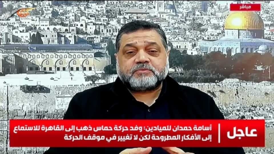 Hamas political bureau member Osama Hamdan speaks to Al Mayadeen on October 25, 2024. (Al Mayadeen)