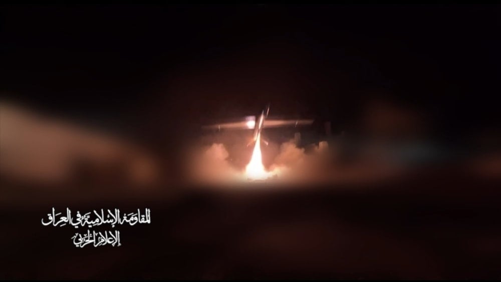 A screengrab from a video showing the launch of the Islamic Resistance in Iraq of a drone towards a vital target in the occupied Syrian Golan Heights on October 23, 2024. (Military media)