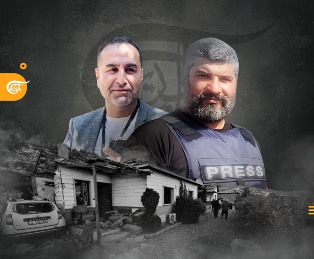 Al Mayadeen martyrs cameraman Ghassan Najjar and broadcast engineer Mohammad Reda killed by an Israeli aggression on journalists' residence in Hasbayya, South Lebanon, on October 25, 2024. (Al Mayadeen)