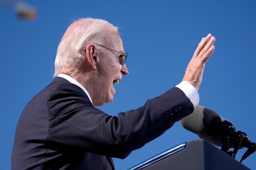 President Joe Biden speaks at the Gila Crossing Community School in the Gila River Indian Community reservation in Laveen, Ariz., on October 25, 2024. (AP)