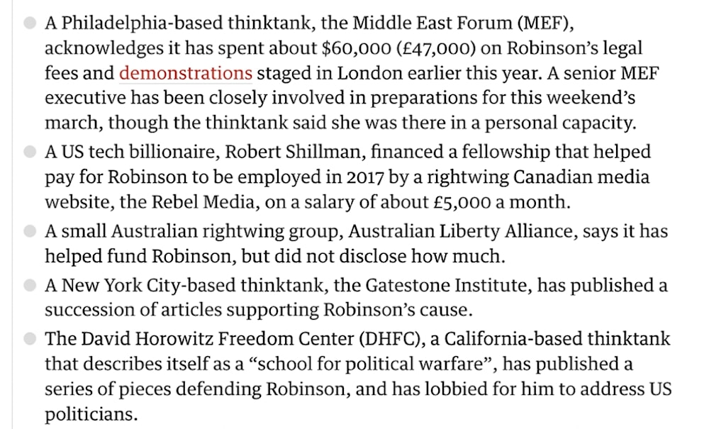 Zionist funders behind “Tommy Robinson” (Source: The Guardian 7 December 2018).