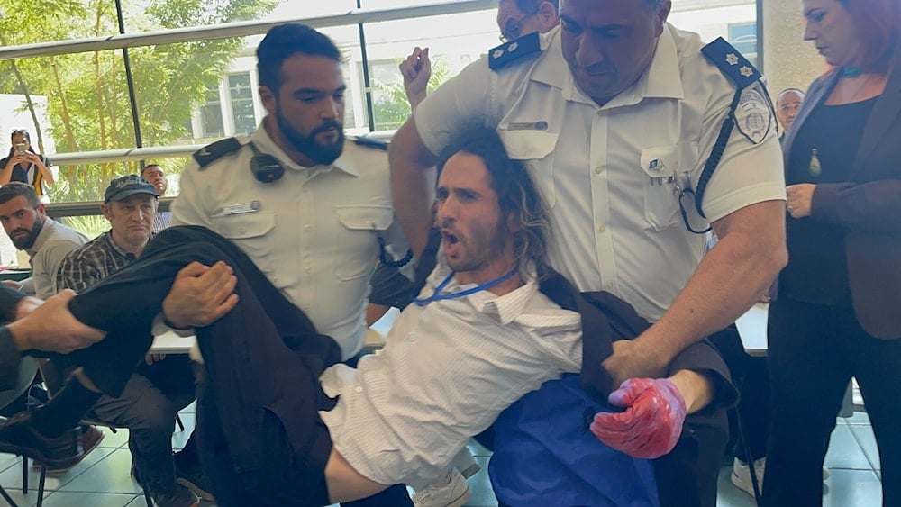 Anti-government protesters forced out of the Knesset building after stating a sit-in on October 28, 2024. (Social media)