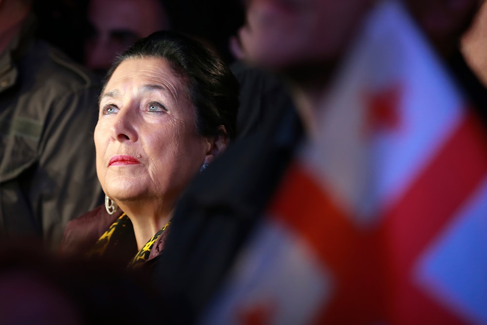 Georgian President Salome Zourabichvili attends an opposition rally ahead upcoming next week parliamentary election in Tbilisi, Georgia, on October 20, 2024. (AP)