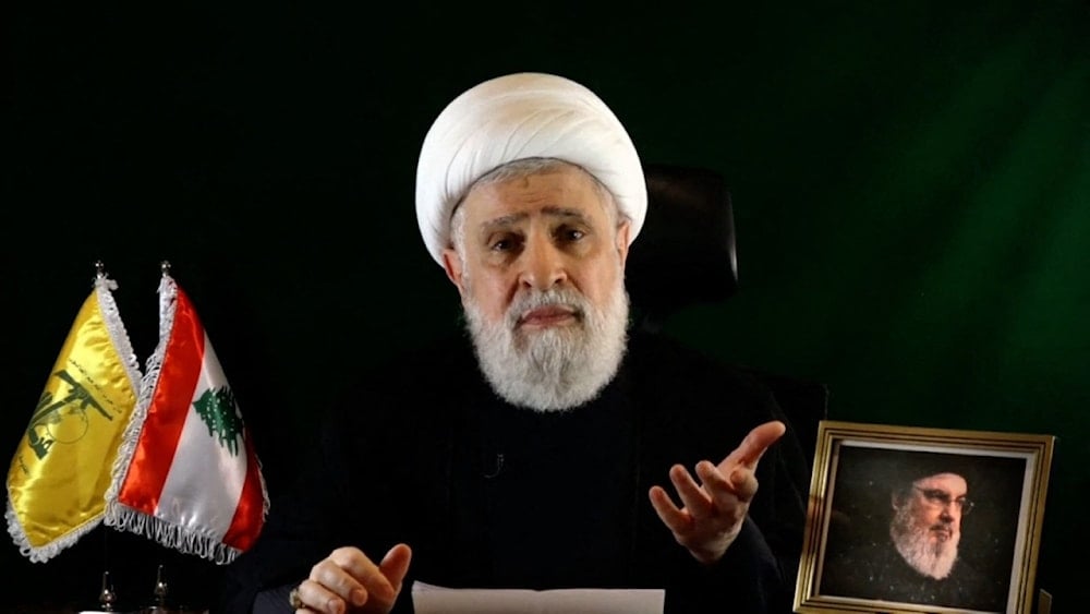 Then-Hezbollah Deputy Secretary-General Sheikh Naim Qassem delivering a speech from an undisclosed location, October 15, 2024 (Al Manar)