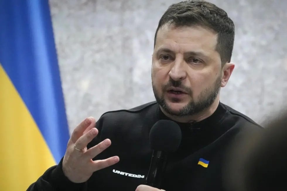 Ukrainian President Volodymyr Zelenskyy speaks during his press conference on the occasion of the Russia-Ukraine war first anniversary in Kiev, Ukraine, February 24, 2023. (AP)