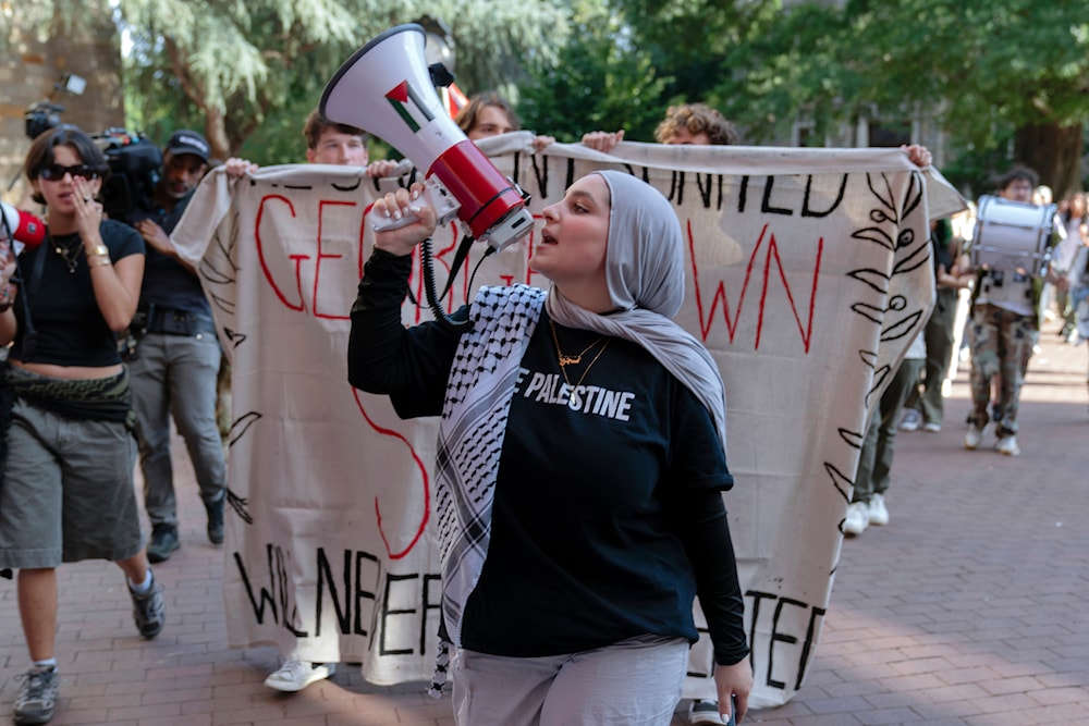 Georgetown University students march around campus as they rally during a pro Palestinian demonstration at Georgetown University in Washington, on September 4, 2024. (AP)