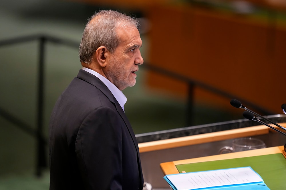 President of Iran Masoud Pezeshkian addresses the 79th session of the United Nations General Assembly at United Nations headquarters, September 24, 2024. (AP)