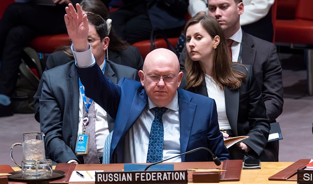 Russian Permanent Representative to the UN Vassily Nebenzia vetoes the Non-proliferation of nuclear weapons resolution bill during a meeting of Security Council members, April 24, 2024 at United Nations headquarters. (AP)