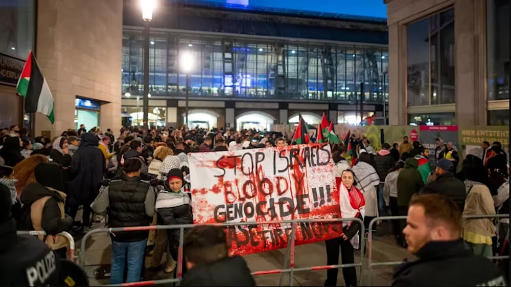 Demonstrators protest in Alexanderplatz plaza against the Israeli genocide on Gaza and its war on Lebanon. (Social media)