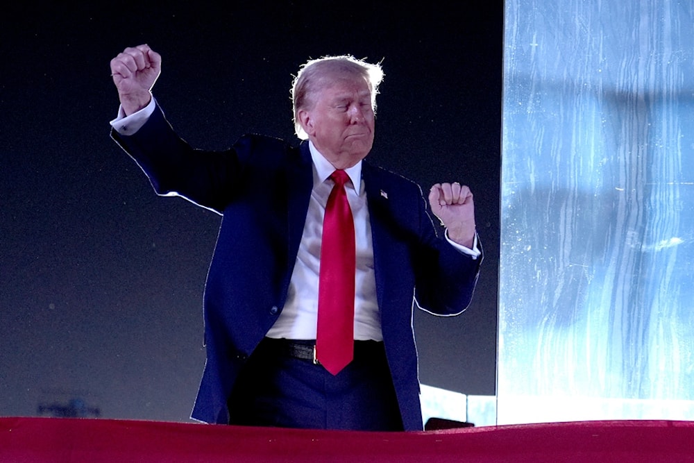 Republican presidential nominee former President Donald Trump dances as he departs after speaking at a campaign event at the Butler Farm Show, Saturday, Oct. 5, 2024, in Butler, Pa. (AP)