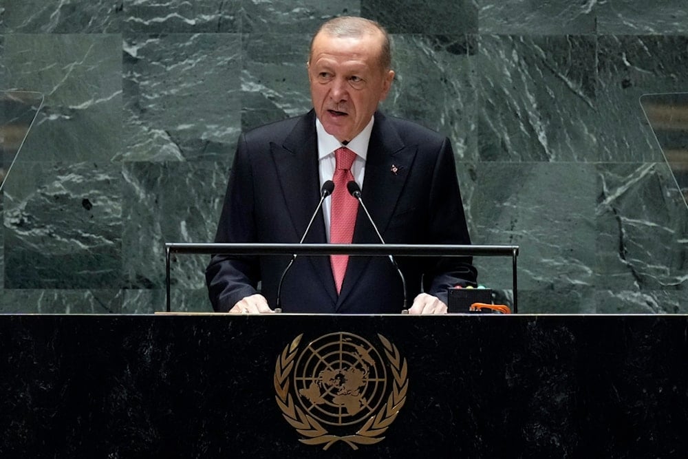 Turkey's President Recep Tayyip Erdogan addresses the 79th session of the United Nations General Assembly, Tuesday, Sept. 24, 2024. (AP)