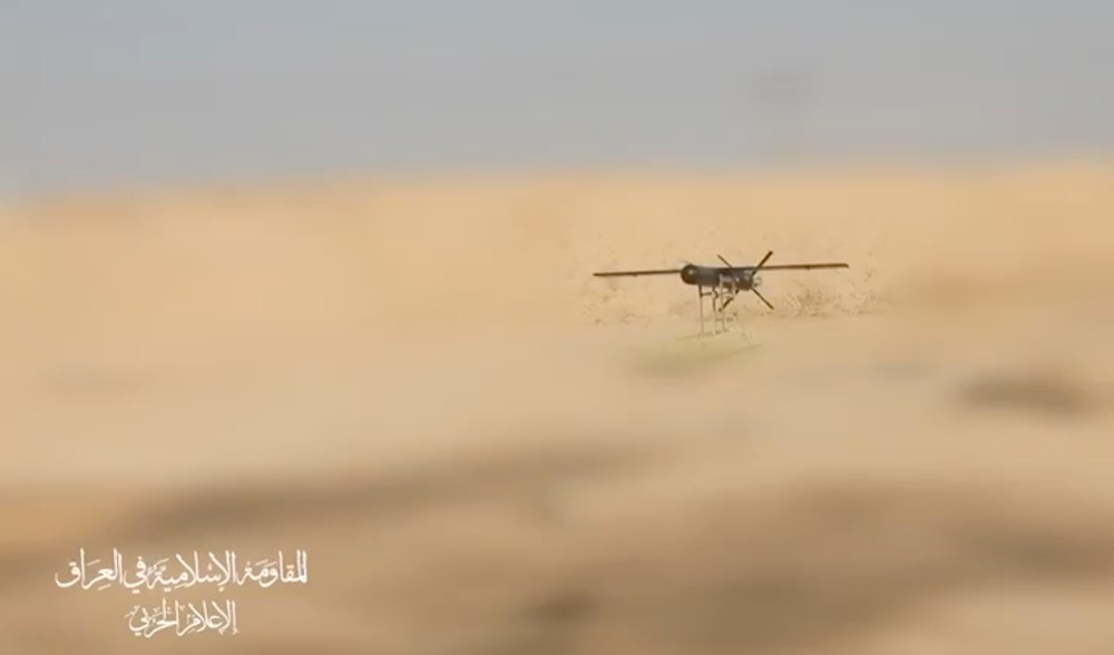 A screen grab from a video published by the Islamic Resistance of Iraq's military media showing a drone being launched toward occupied northern Palestine, October 8, 2024 (Military Media)