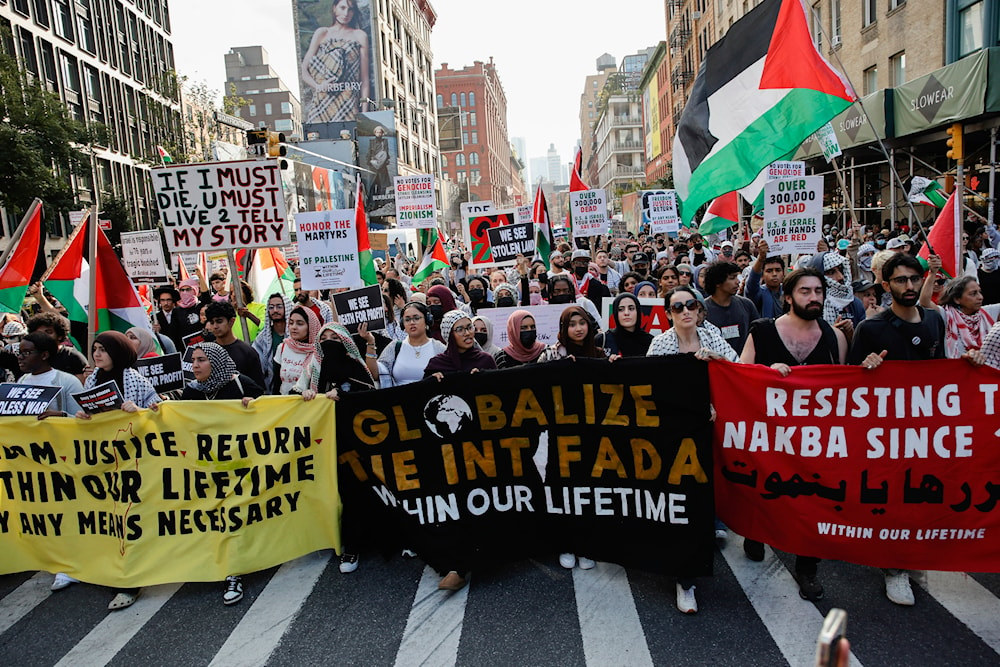 Pro Palestinian protesters march through Manhattan, Monday, October 7, 2024, in New York. (AP)