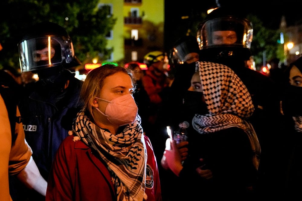 Activist Greta Thunberg, left, attends a pro-Palestinian rally in Berlin, on October 7, 2024. (AP)