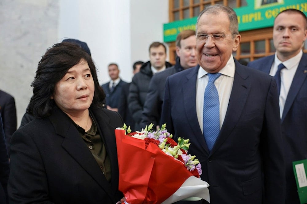 Russian Foreign Minister Sergey Lavrov, right, and DPRK Foreign Minister Choe Son Hui attend an unveiling ceremony of the plaque to mark Kim Il Sung's 1949 visit to USSR, Moscow, Russia, Nov. 1, 2024 (AP)