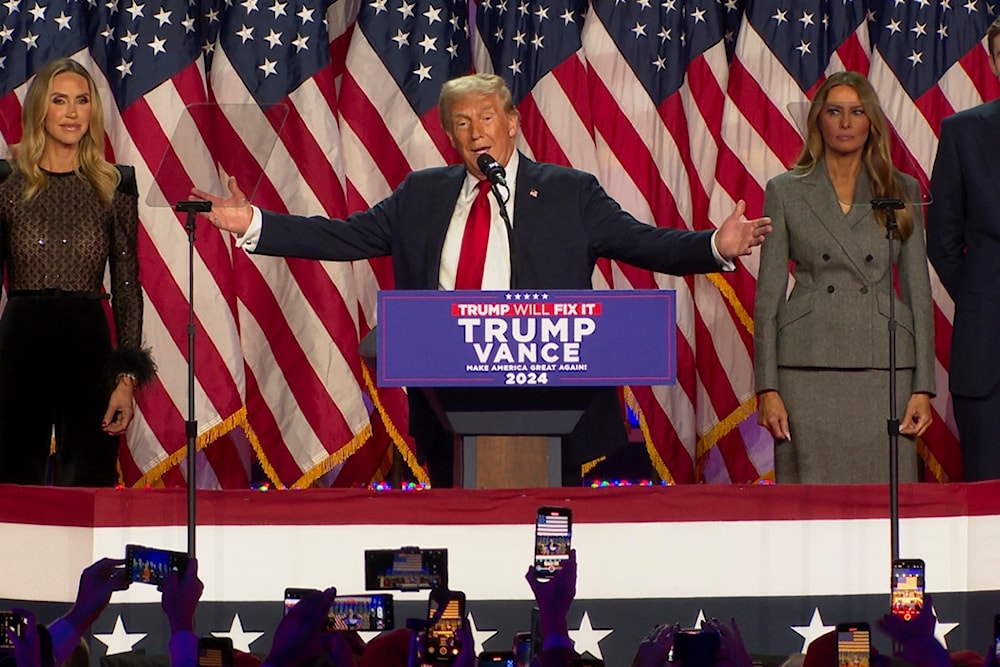 Republican presidential nominee former President Donald Trump speaks at an election results watch party as his commanding victory over Kamala Harris is apparent on Wednesday, Nov. 6, 2024, in West Palm Beach, Fla. (AP)