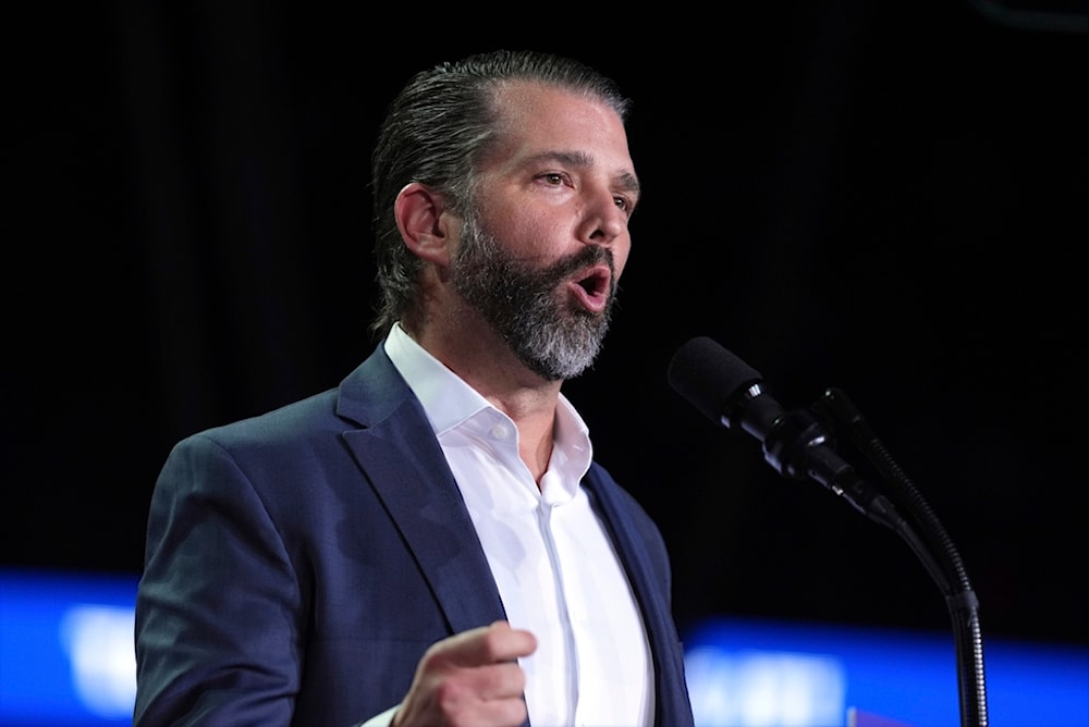 Donald Trump Jr., speaks at a campaign rally with Republican presidential nominee former President Donald Trump at Van Andel Arena, Tuesday, November 5, 2024, in Grand Rapids, Michigan (AP)