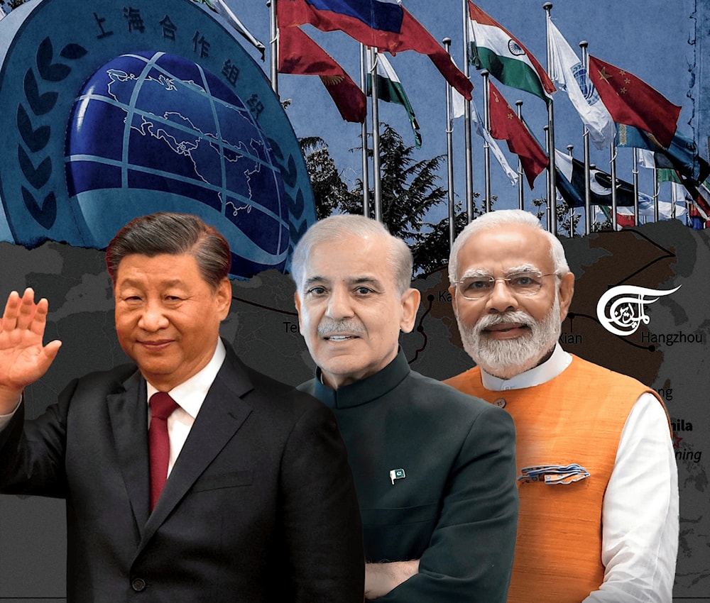 Indian Foreign Minister Subrahmanyam Jaishankar’s in-person attendance at the summit was a sign that the India-Pakistan trust deficit could wane under SCO. (Al Mayadeen English; Illustrated by Mahdi Rtail)