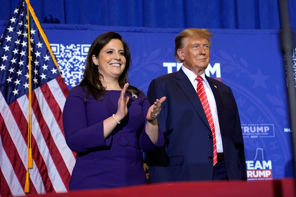 US President-elect Donald Trump and Rep. Elise Stefanik at a campaign event in Concord, New Hampshire on January 19, 2024. (AP)