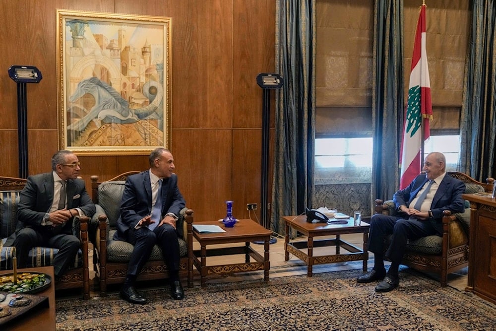 Egyptian Foreign Minister Badr Abdelatty, center, and Egypt's Ambassador to Lebanon, Alaa Moussa, left, meet with Lebanese Parliament speaker Nabih Berri, in Beirut, Lebanon, Wednesday, Nov. 13, 2024. (AP)