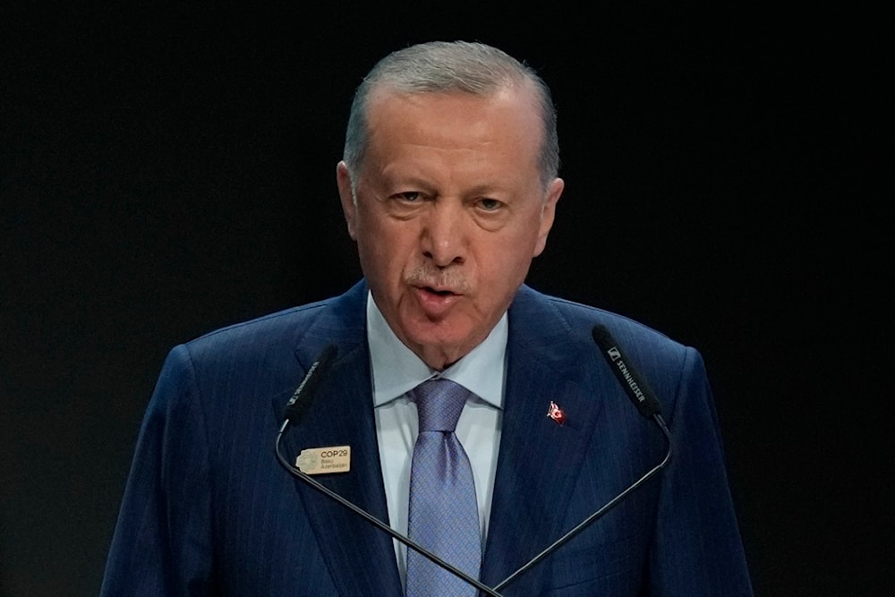 Turkey President Recep Tayyip Erdogan speaks during a plenary session at the COP29 U.N. Climate Summit, Tuesday, Nov. 12, 2024, in Baku, Azerbaijan. (AP)