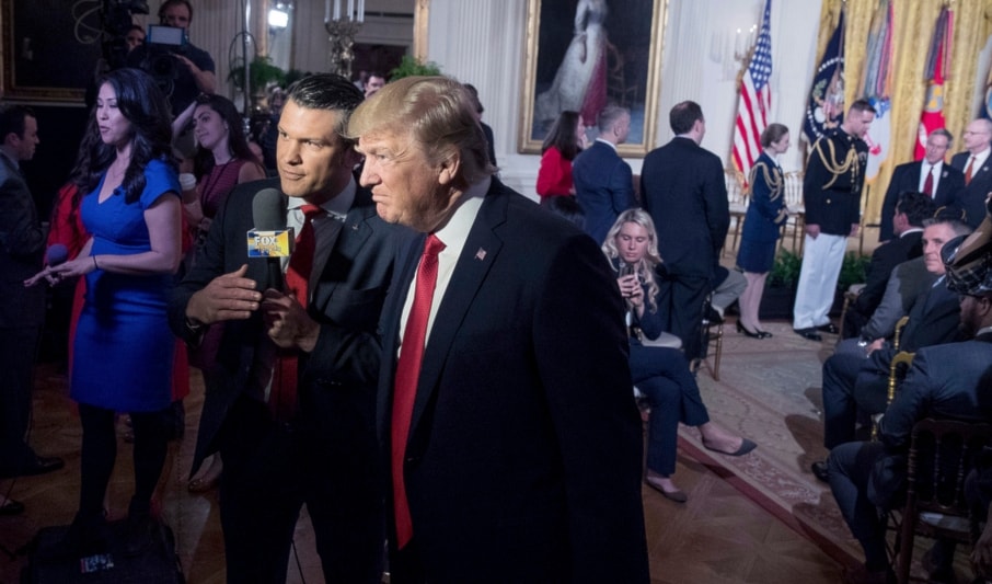 President Donald Trump appears on Fox & Friends co-host Pete Hegseth at a Wounded Warrior Project Soldier Ride event in the East Room of the White House in Washington, Thursday, April 6, 2017. (AP)