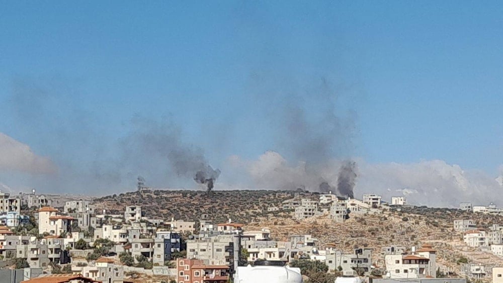 Smoke rises as Israeli settler gangs set Palestinian properties ablaze in the town of Best Fur, Nablus, November 16, 2024 (Social Media)