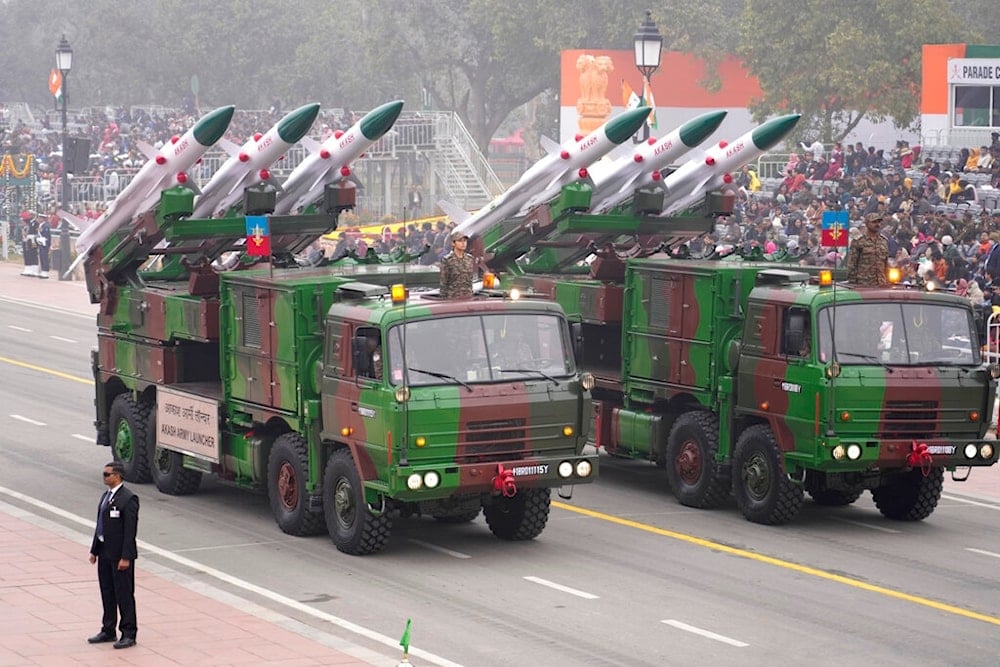 Indian Army Akash missile launcher drives through the ceremonial Kartavya Path boulevard during India's Republic Day celebrations in New Delhi, India, Thursday, January 26, 2023 (AP)