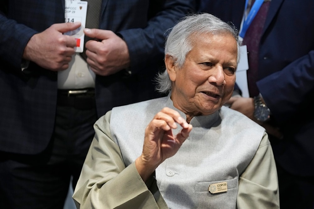 Muhammad Yunus, head of Bangladesh's interim government speaks to members of the media at the COP29 U.N. Climate Summit, Wednesday, Nov. 13, 2024, in Baku, Azerbaijan. (AP)